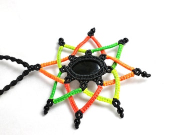 Dayglo Neon Macramé Mandala with Gold Sheen Obsidian