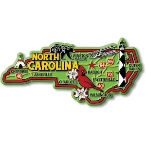 May include: A green and red magnet shaped like North Carolina, with illustrations of a bear, cardinal, airplane, and lighthouse. The magnet features the text "North Carolina" and city names.
