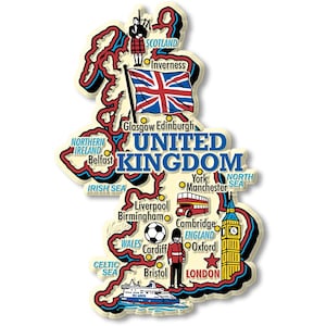以下が含まれることがあります： イギリスの地図の形をしたお土産マグネット。ランドマークや都市のイラストが特徴です。ユニオンジャックの旗、2階建てバス、ビッグベン、サッカーボールが含まれています。「UNITED KINGDOM」の文字が表示されています。