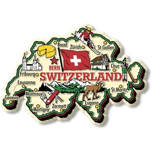 Puede incluir: Un imán de recuerdo con la forma de Suiza, con ilustraciones de símbolos culturales suizos. El imán incluye una bandera suiza roja y blanca, un esquiador, un trozo de queso y una navaja suiza. La palabra "Suiza" se muestra de forma destacada.