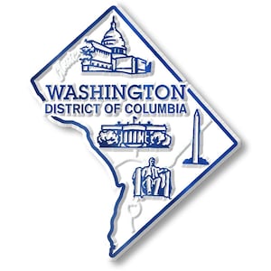 Puede incluir: Un gráfico blanco y azul del mapa de Washington, D.C., con monumentos emblemáticos como el Capitolio, la Casa Blanca, el Monumento a Lincoln y el Monumento a Washington. El texto "WASHINGTON DISTRICT OF COLUMBIA" se muestra.