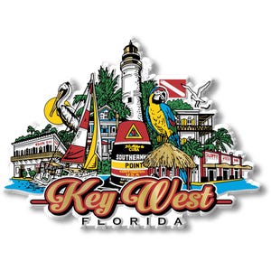 Op de afbeelding: Een kleurrijke Key West, Florida sticker met een vuurtoren, zeilboot, papegaai en de Southernmost Point boei. Het ontwerp bevat de woorden "Key West" in een decoratief lettertype, met "Florida" eronder.