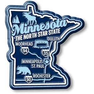 May include: A navy blue and white map of Minnesota, with the state outline and the text "Minnesota, The North Star State." The map includes illustrations of a moose, bear, and bridge, with city names and highway numbers.
