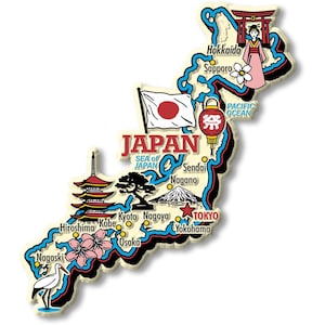Peut inclure: Une carte colorée du Japon ornée d'illustrations de monuments et de symboles culturels. La carte comprend le drapeau japonais, une geisha, une pagode, le Mont Fuji et des fleurs de cerisier. Les grandes villes comme Tokyo, Kyoto et Osaka sont indiquées.