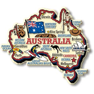 May include: A decorative map of Australia featuring illustrations of a koala, kangaroo, surfer, and an Aboriginal person. The map highlights major cities and geographical features, with the Australian flag. The word "Australia" is in the center.