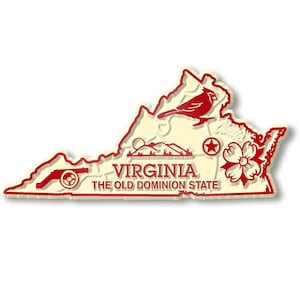 Könnte beinhalten: Ein cremefarbener Magnet in Form des Bundesstaates Virginia mit roten Akzenten. Das Design umfasst einen Kardinal, eine Blume, eine Kanone, Berge und einen Stern. Der Text "VIRGINIA THE OLD DOMINION STATE" ist ebenfalls enthalten.
