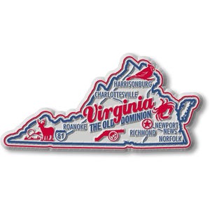 May include: A magnet in the shape of Virginia, featuring a red, white, and blue design. The magnet includes the word "Virginia" in red script, and various city names and state symbols.
