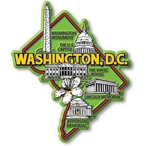 Pode incluir: Um íman de lembrança verde e vermelho em forma de Washington, D.C. com ilustrações do Monumento a Washington, o Capitólio, a Casa Branca, o Memorial Lincoln e o Memorial Jefferson. O íman inclui o texto "WASHINGTON, D.C."