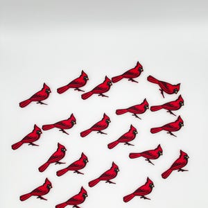 May include: A collection of 18 red cardinal bird cutouts arranged in a semi-circle pattern on a white background.