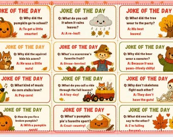 May include: A printable sheet of twelve rectangular cards, each titled JOKE OF THE DAY, featuring autumn-themed illustrations including pumpkins, a squirrel, a scarecrow, a bear, corn, a tractor, a skeleton, and pie with corresponding jokes.