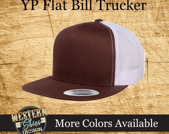 Yupoong 6006 Flat Bill Classic Trucker Snapback Hat - Add your logo or livestock brand