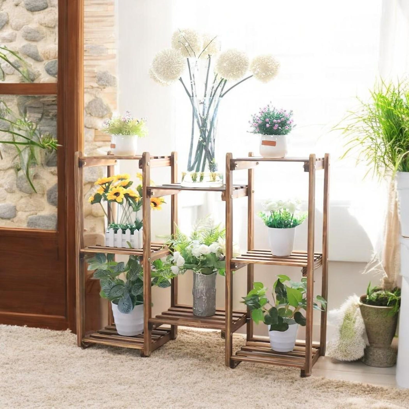 Multi-tier Bamboo Plant Stand, Chic Indoor/outdoor Flower Display Rack ...