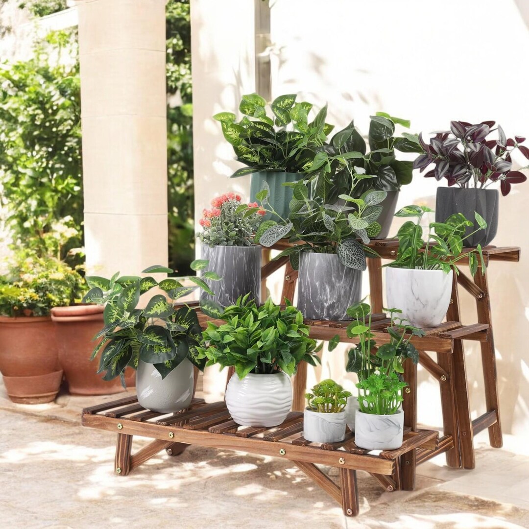 3 Tier Freestanding Ladder Shelf - Rustic Wood Plant Stand for Indoor ...