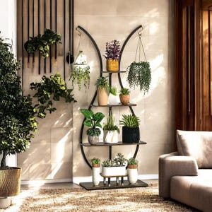 5-stufiger großer Blumenständer - Elegantes Metallvasenform-Innenpflanzenregal mit Haken für die Inneneinrichtung, ein ideales Einweihungsgeschenk