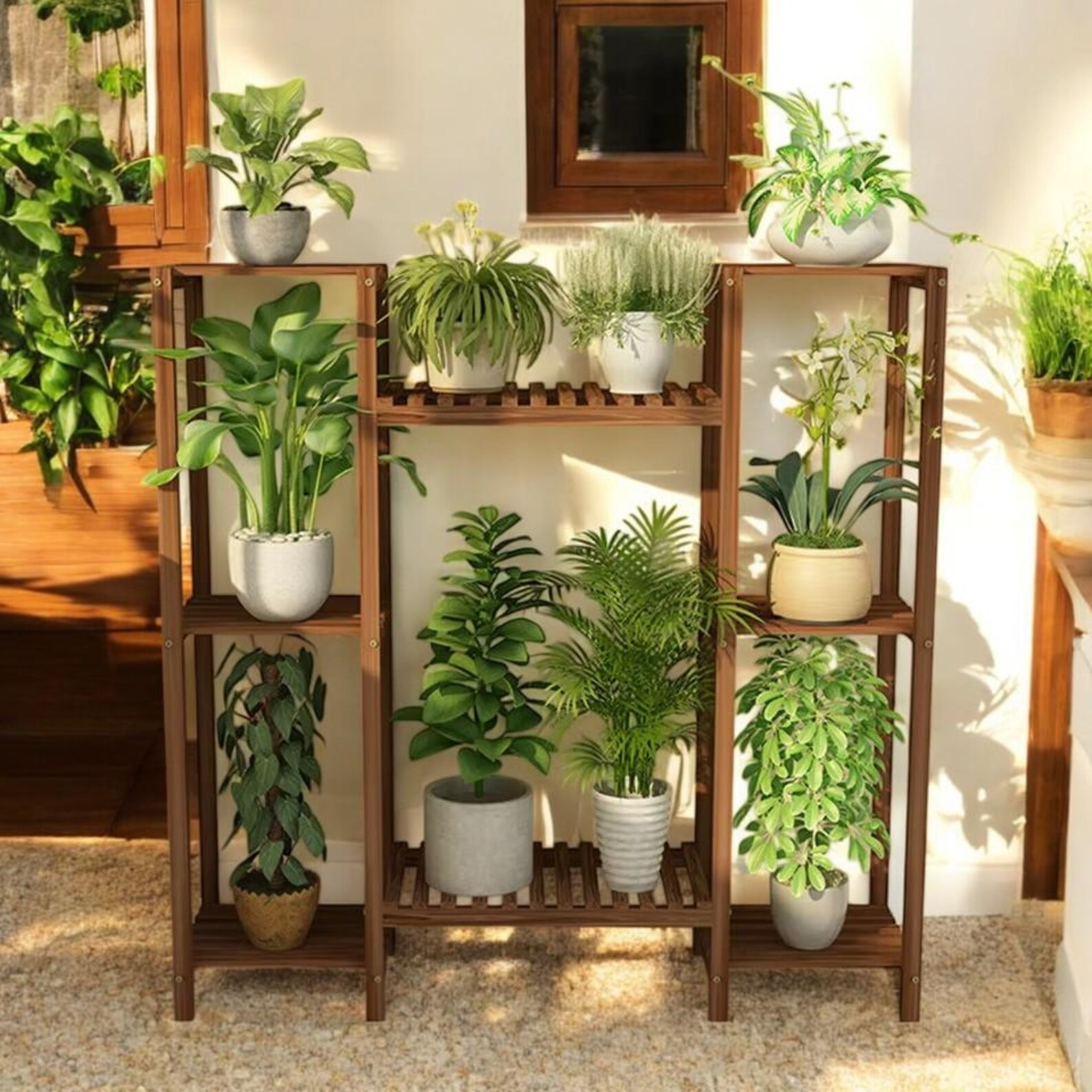 Multi-tier Bamboo Plant Stand, Chic Indoor/outdoor Flower Display Rack ...