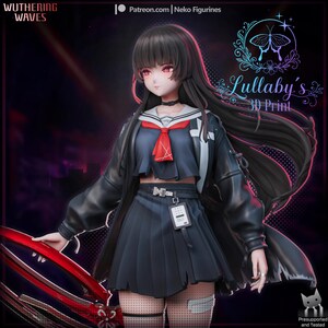 May include: A 3D-printed anime figurine of a female character in a school uniform. The figure has long black hair, red eyes, and a black choker. She wears a navy blue pleated skirt, a white sailor top with a red tie, and a black jacket. The figurine is labeled "Lullaby's 3D Print."