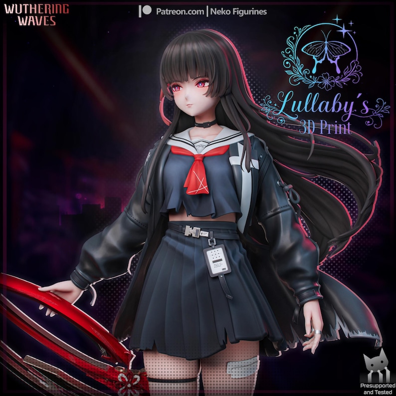 May include: A 3D-printed anime figurine of a female character in a school uniform. The figure has long black hair, red eyes, and a black choker. She wears a navy blue pleated skirt, a white sailor top with a red tie, and a black jacket. The figurine is labeled "Lullaby's 3D Print."