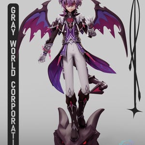 May include: A 3D printed figure of a character with light purple hair, red eyes, and dark wings, wearing a purple and white outfit. The figure stands on a dark dragon head base. Text includes "GRAY WORLD CORPORATION", "GENSHIN IMPACT", and "Lullaby's 3D Print".