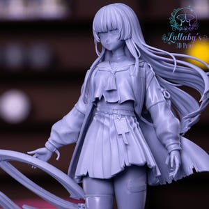 May include: A light purple anime-style figurine of a female character with long hair and a school uniform. The figurine has a detailed design, including a skirt, jacket, and accessories. The logo "Lullaby's 3D Print" is visible in the upper right corner.