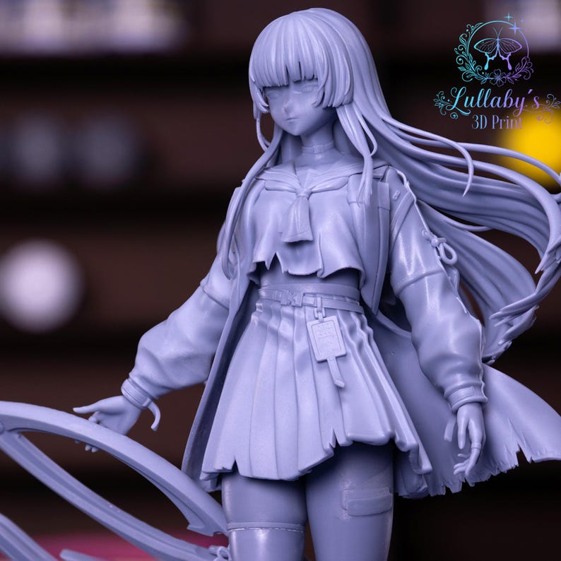 May include: A light purple anime-style figurine of a female character with long hair and a school uniform. The figurine has a detailed design, including a skirt, jacket, and accessories. The logo "Lullaby's 3D Print" is visible in the upper right corner.