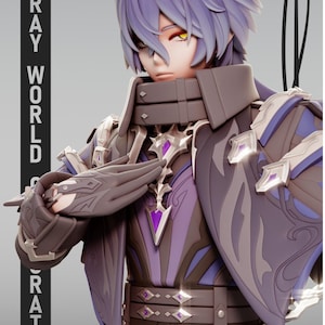 May include: A 3D printed figure of a character with spiky lavender hair and yellow eyes, wearing a dark brown and purple outfit with metallic silver accents. The figure features intricate armor details and is labeled with Genshin Impact text.
