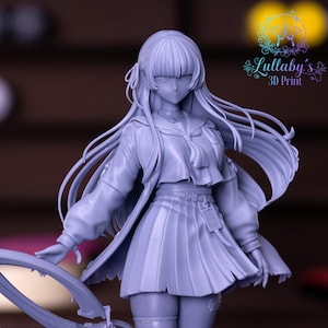May include: A light purple 3D-printed figurine of a female anime character. She wears a sailor-style uniform with a pleated skirt and long hair. The figurine is detailed with visible textures and shadows, and the logo "Lullaby's 3D Print" is visible.
