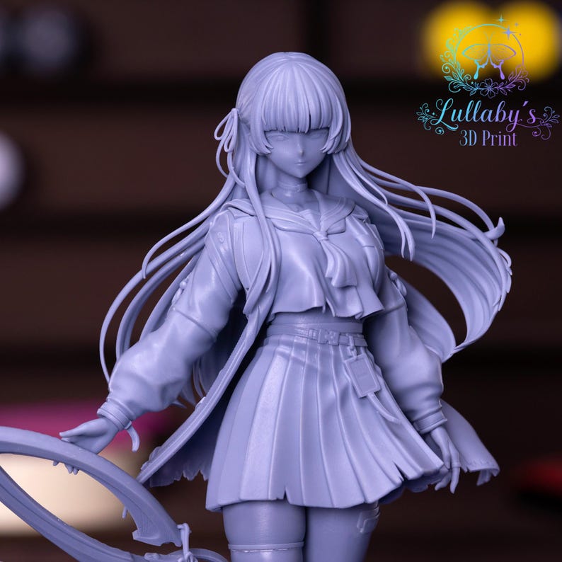 May include: A light purple 3D-printed figurine of a female anime character. She wears a sailor-style uniform with a pleated skirt and long hair. The figurine is detailed with visible textures and shadows, and the logo "Lullaby's 3D Print" is visible.