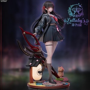 May include: A detailed 3D print figure of a female anime character in a school uniform, holding a large red and black weapon. The figure stands on a base with a lantern and a small pig figurine. The figure is from Lullaby's 3D Print.