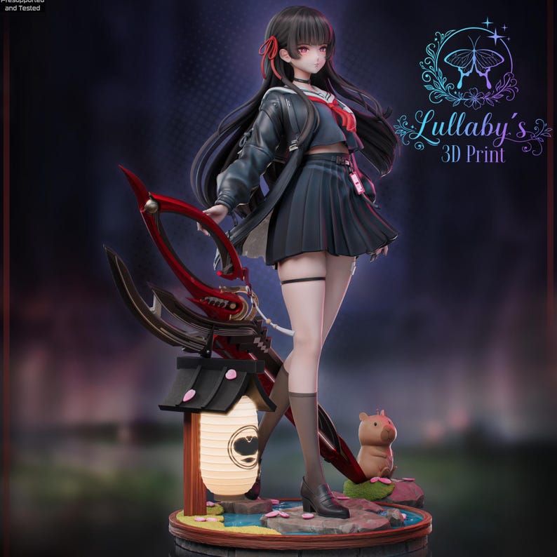 May include: A detailed 3D print figure of a female anime character in a school uniform, holding a large red and black weapon. The figure stands on a base with a lantern and a small pig figurine. The figure is from Lullaby's 3D Print.