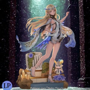 May include: A detailed figurine of a female character with long blonde hair, wearing a white and blue dress with flowing fabric. The figure is posed on a stone base with a smaller character and floral accents. The background is a dark, snowy scene. Text on the base reads "Patreon.com | Neko Figurines".