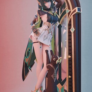 May include: A G3D STUDIO collectible figurine featuring a character with dark hair and green accents, wearing a black and white outfit, standing beside a tall, arched brown and gold structure. A black cat figure stands in front of the character.