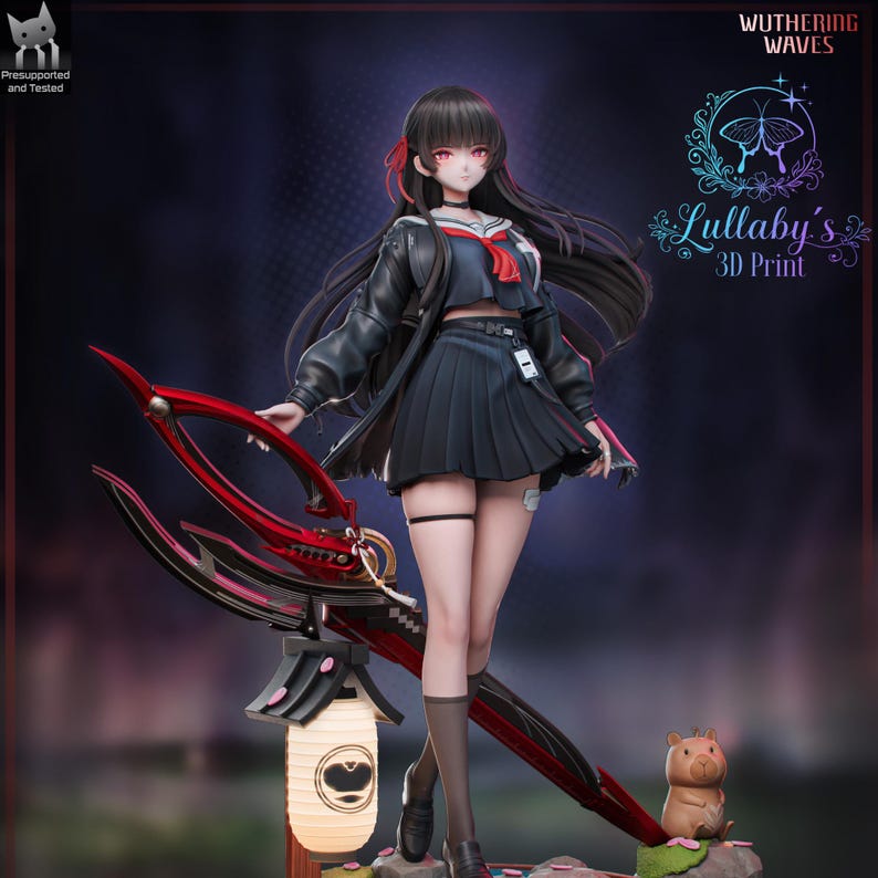 May include: A detailed 3D print of a female anime character in a school uniform, holding a large red and black weapon. The figure has long black hair and red eyes. The background is dark with the text "Wuthering Waves" and "Lullaby's 3D Print".