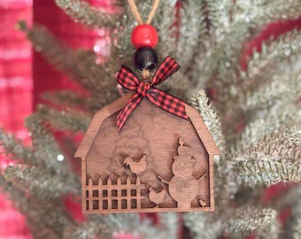 Adornos de granero: adorno rústico de madera grabado con láser, decoración navideña, temática de granja