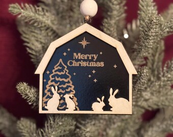 Adornos de granero en blanco y negro, grabados con láser, decoración navideña, temática de granja