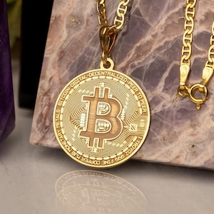 14 K Gold Plated Sleek Round Bitcoin Necklace – Crypto-Inspired Jewelry - BTC Necklace - Bitcoin Pendant - Gift for him -