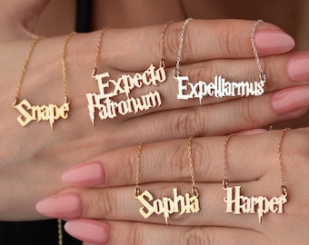 Collar de Harry P. Font, collar personalizado con nombre en inglés antiguo, joyería con nombre de Potter, collar personalizado con nombre de mago, collar gótico