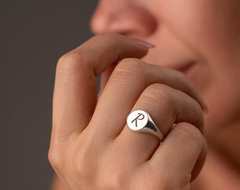 Initial Signet Ring, 925 Sterling Silver Ring, Personalized Christmas Gift For Her, Gold Filled Ring, Custom Engraved Letter Ring