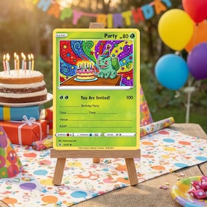 Anime Poke födelsedagsinbjudningar med Holo-ärmar - Fysiska replika samlarkort - Skrivbara tryckta festinbjudningar