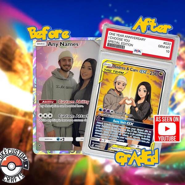 Custom Pokemon Couple Card | Personalized Couples Pokemon Gift (PSA Slab) Premium quality replica, UV printed, designed by real artists