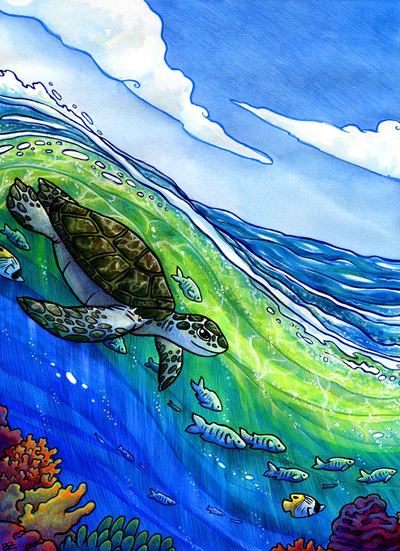 Surf Art Print Sea Turtle Art Animal Art 8x10 Etsy