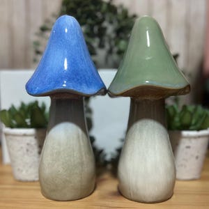 Puede incluir: Dos figuras de cerámica con forma de hongo. Una tiene una tapa azul, la otra una tapa verde. Ambas tienen tallos marrones y bases blanquecinas. Las setas son decorativas y probablemente para la decoración del hogar.