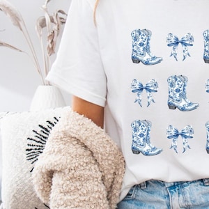 Coquette Cowgirl Toile T-Shirt - Coquette Bow Tshirt, Toile Bow Shirt, Boots & Bow Tshirt,  with bow, mom tee, Western Shirt, Blue Bow Shirt