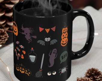 Halloween Mug | Spooky Ghost Coffee Cup, Festive Black Ceramic