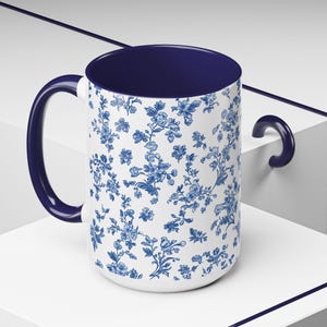 Blue Floral Coffee Mug, Toile de Jouy Ceramic Cup image 9