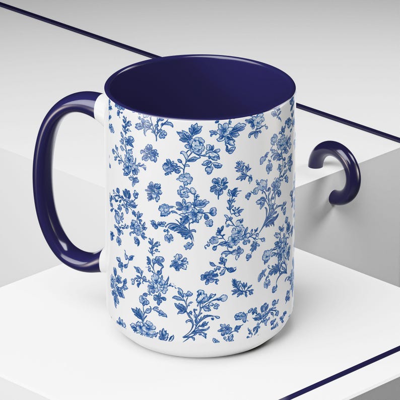 Blue Floral Coffee Mug, Toile de Jouy Ceramic Cup image 9