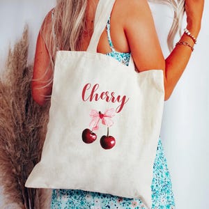 Whimsical Coquette Cherry Tote Bag, Canvas Tote bow cherry, Cherries bag, Tote bag with bow, Cute tote, Coquette bag, Cherries Tote, cherry