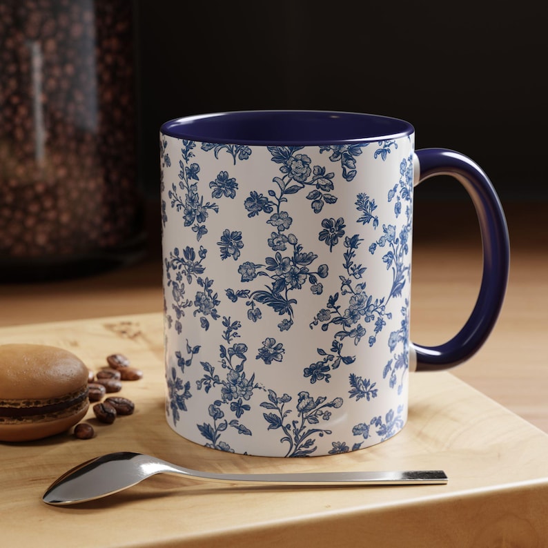 Blue Floral Coffee Mug, Toile de Jouy Ceramic Cup image 1