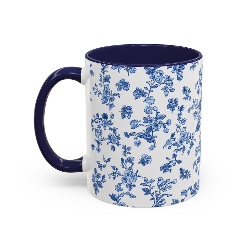 Blue Floral Coffee Mug, Toile de Jouy Ceramic Cup image 4