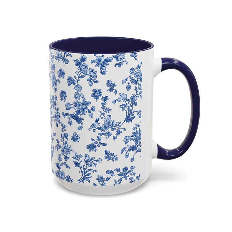 Blue Floral Coffee Mug, Toile de Jouy Ceramic Cup image 7
