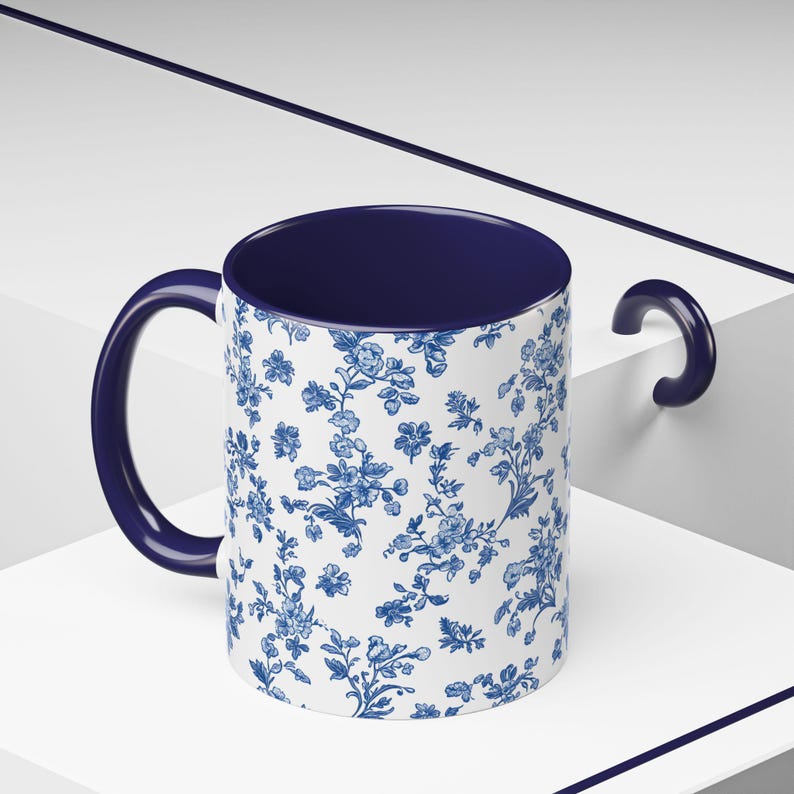 Blue Floral Coffee Mug, Toile de Jouy Ceramic Cup image 2